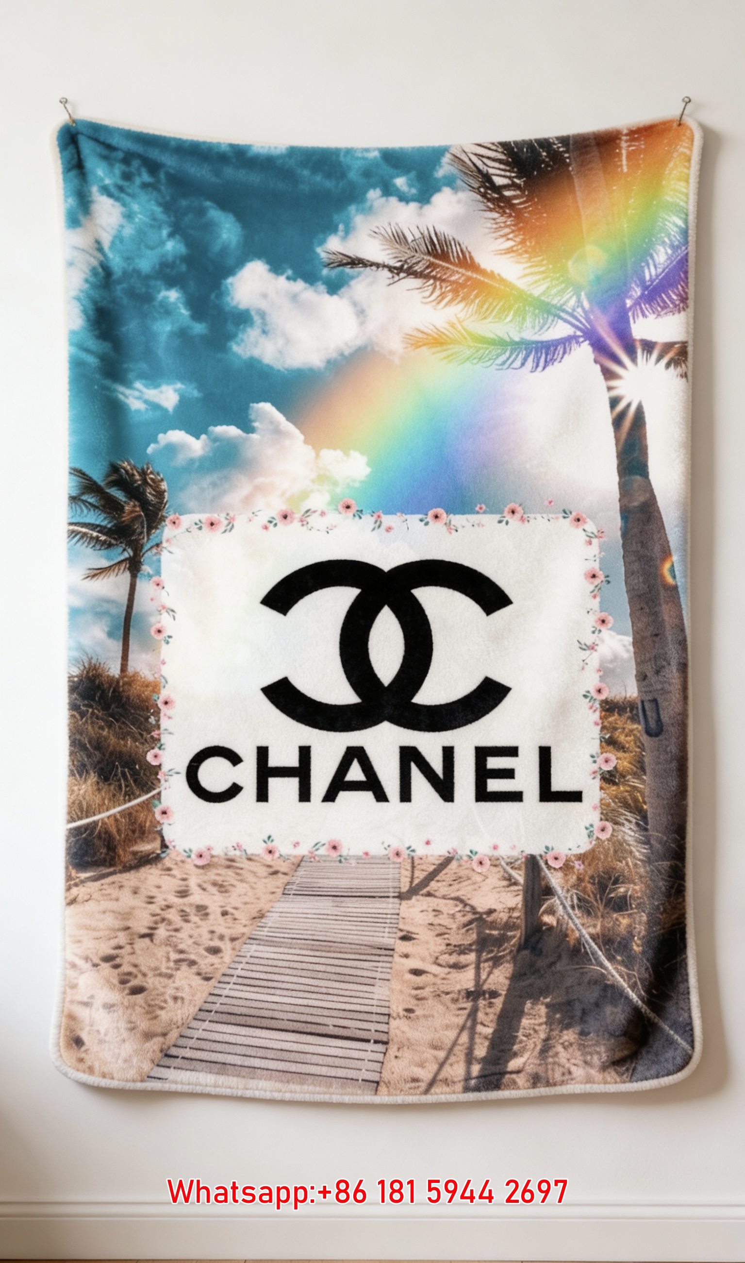 Luxury Chanel Black CC Logo Flannel Throw Blanket  Rainbow Beach Floral Frame Print IMG_7214